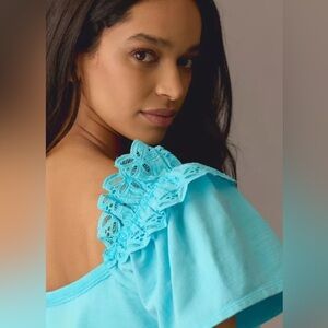 NWT PILCRO for Anthropologie Turquoise Lace Double Ruffle Scoop Neck S small